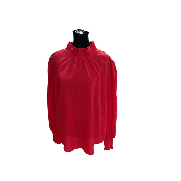 LOFT Tops - LOFT Red Clip Dot Blouse Ruffle Mock Neck Back Tie Long Sleeve Top  M polyester